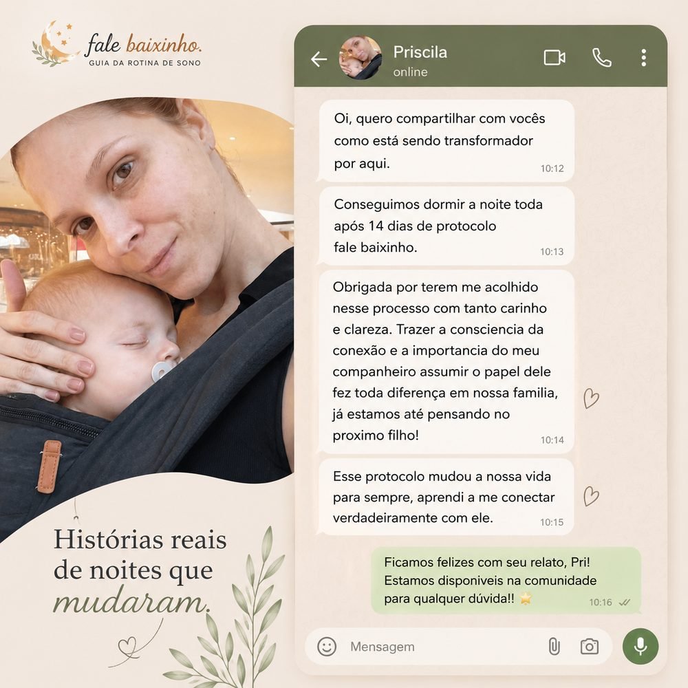 Relato de Priscila sobre a rotina de sono do bebê com o Fale Baixinho